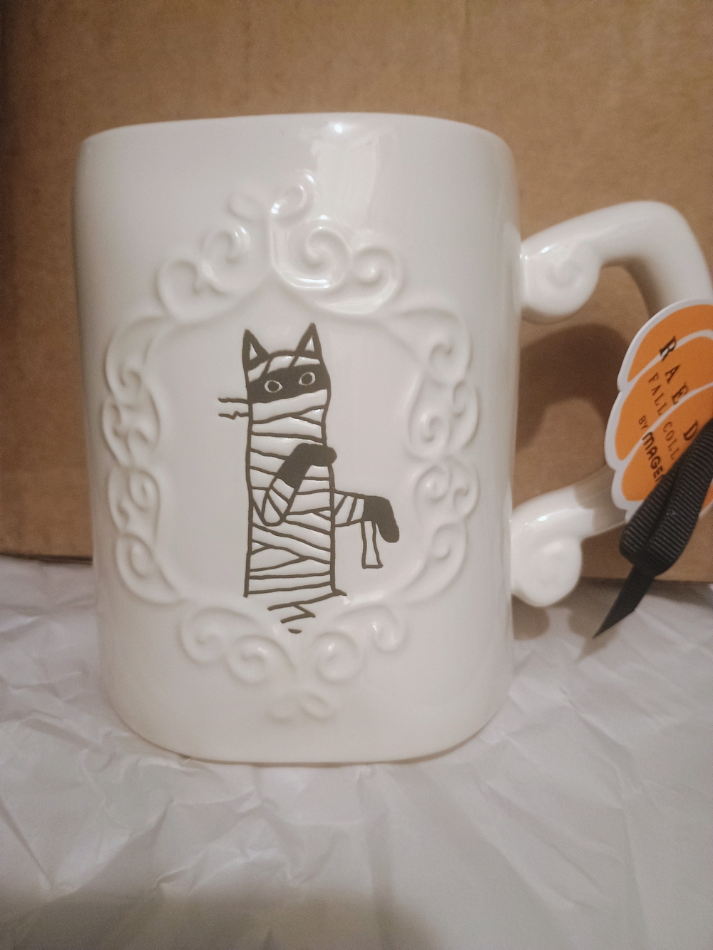White Ceramic Cat Mummy Mug - Cute Embossed Design